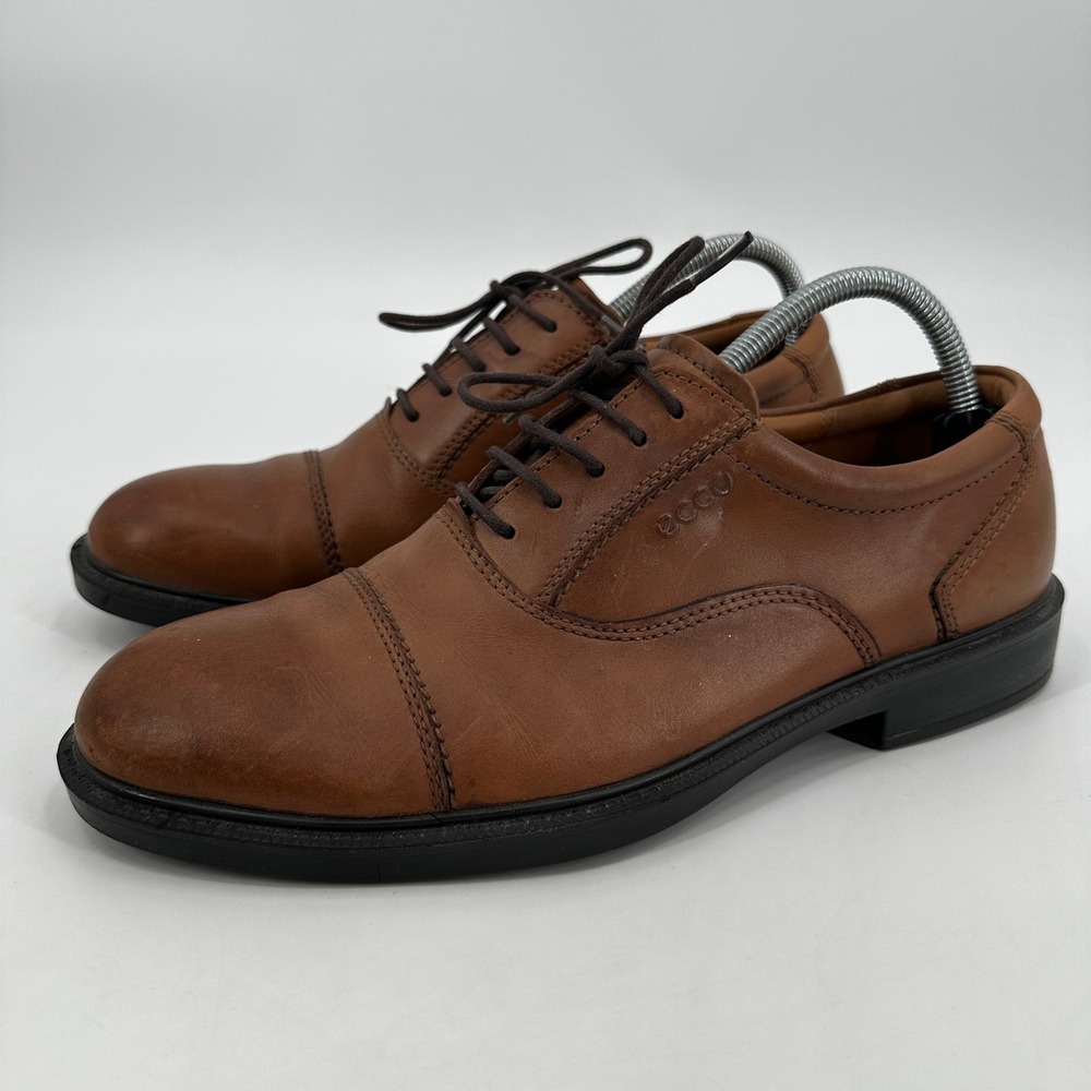 ECCO Mens Helsinki Leather Cap Toe Oxford Shoes Cognac Brown Lace Up Dress Shoes